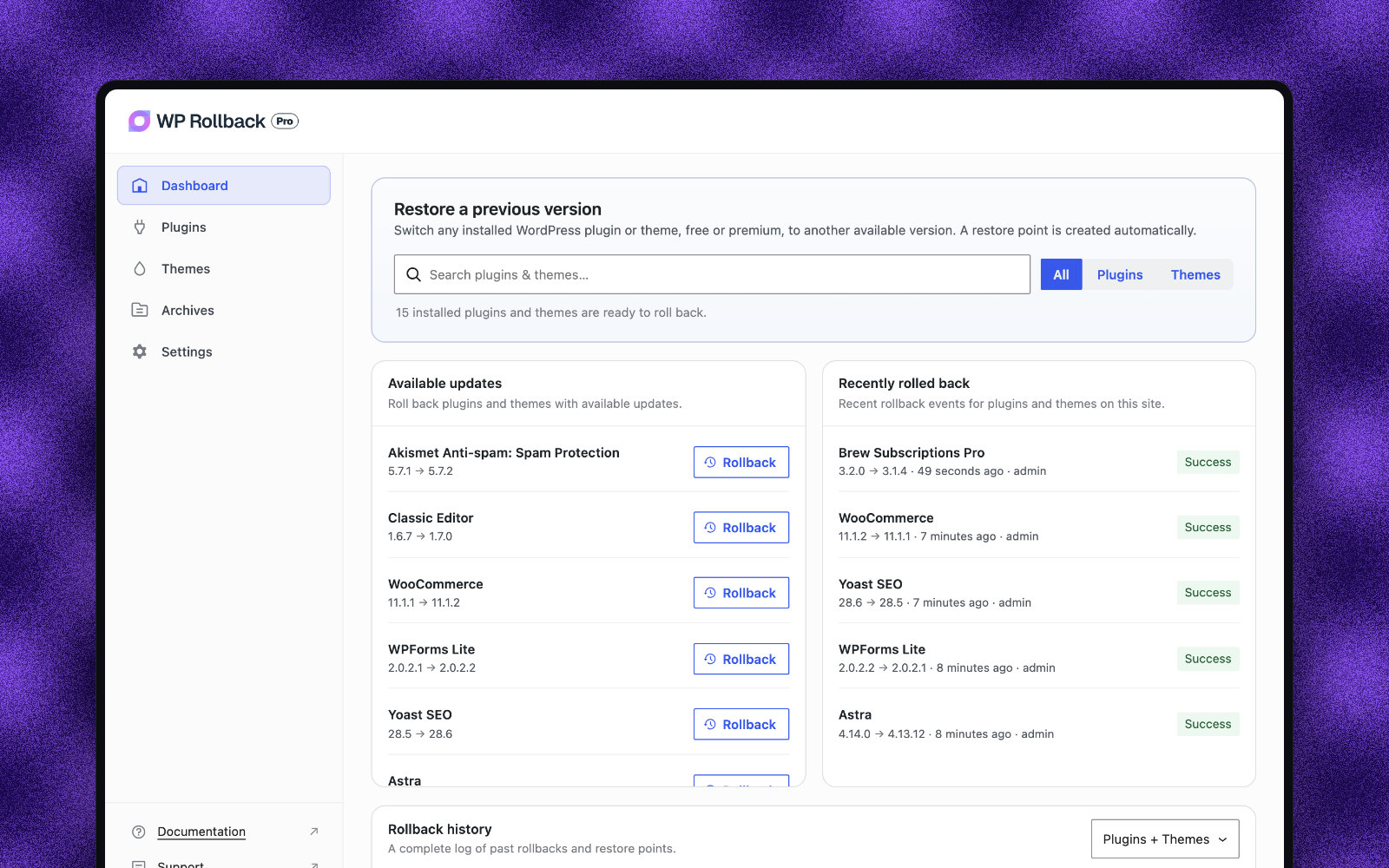 The new WP Rollback Pro dashboard, with search, available updates, and recent rollbacks