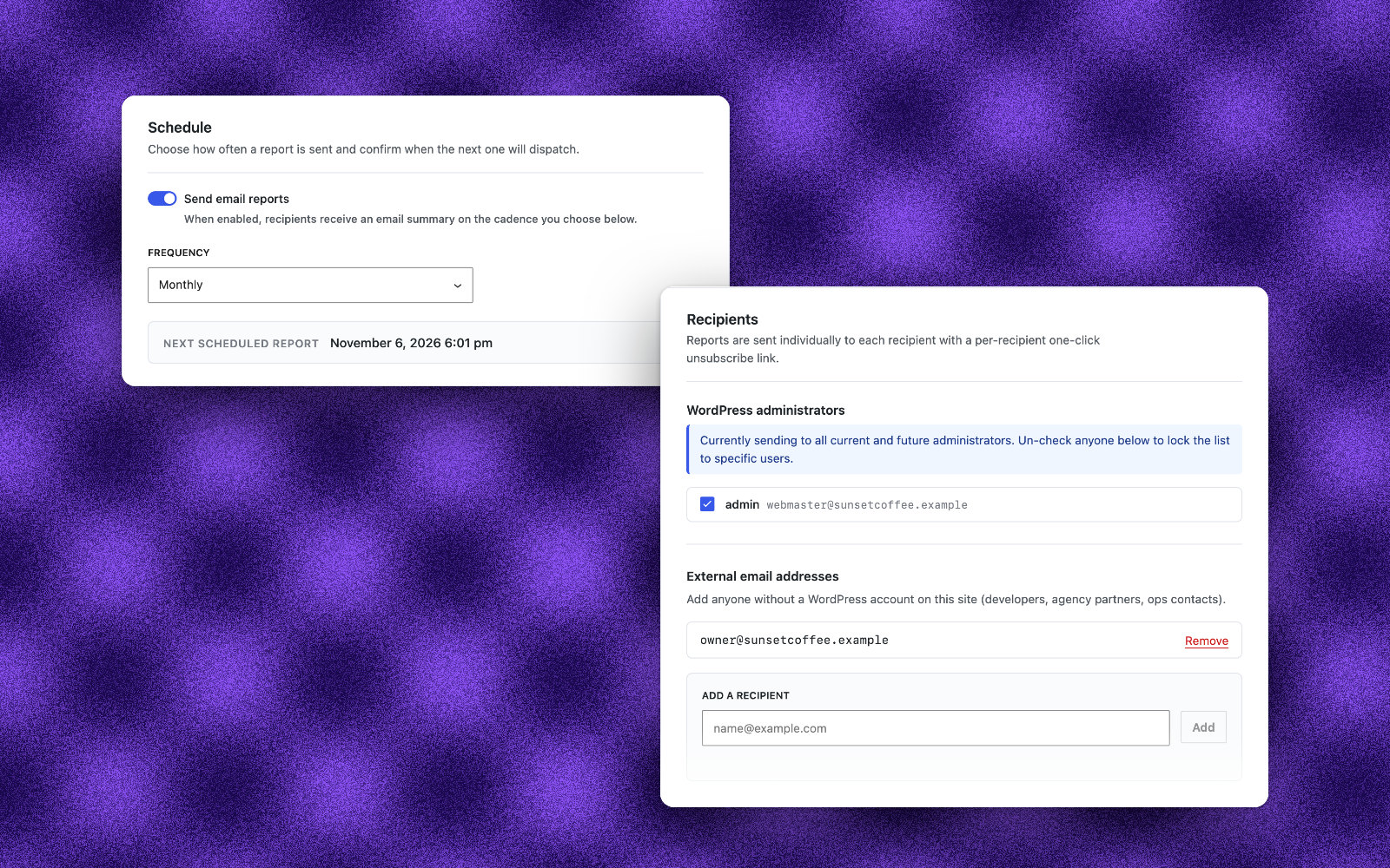 The Email Reports settings, with a monthly schedule and an external recipient