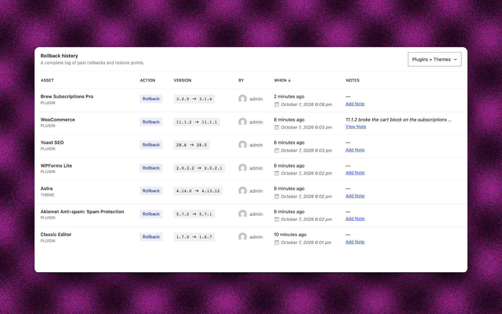 Rollback history with a note explaining why WooCommerce was rolled back